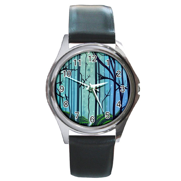 Nature Outdoors Night Trees Scene Forest Woods Light Moonlight Wilderness Stars Round Metal Watch