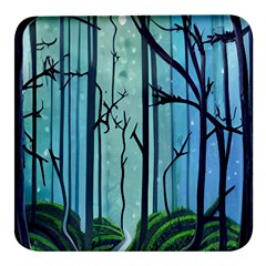 Nature Outdoors Night Trees Scene Forest Woods Light Moonlight Wilderness Stars Square Glass Fridge Magnet (4 Pack) by Grandong