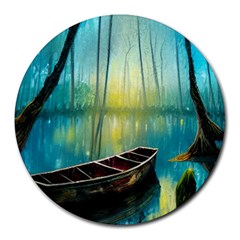 Swamp Bayou Rowboat Sunset Landscape Lake Water Moss Trees Logs Nature Scene Boat Twilight Quiet Round Mousepad by Grandong