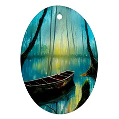 Swamp Bayou Rowboat Sunset Landscape Lake Water Moss Trees Logs Nature Scene Boat Twilight Quiet Ornament (oval) by Grandong