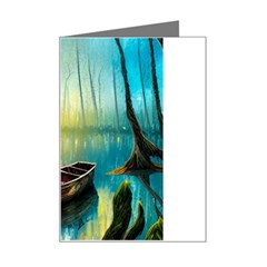 Swamp Bayou Rowboat Sunset Landscape Lake Water Moss Trees Logs Nature Scene Boat Twilight Quiet Mini Greeting Card