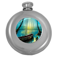 Swamp Bayou Rowboat Sunset Landscape Lake Water Moss Trees Logs Nature Scene Boat Twilight Quiet Round Hip Flask (5 Oz) by Grandong