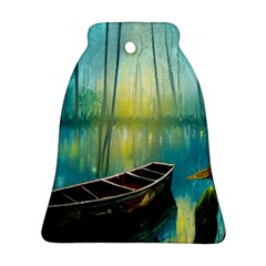 Swamp Bayou Rowboat Sunset Landscape Lake Water Moss Trees Logs Nature Scene Boat Twilight Quiet Ornament (bell) by Grandong