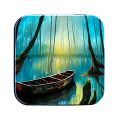 Swamp Bayou Rowboat Sunset Landscape Lake Water Moss Trees Logs Nature Scene Boat Twilight Quiet Square Metal Box (black) by Grandong