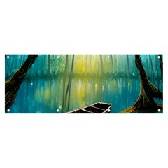 Swamp Bayou Rowboat Sunset Landscape Lake Water Moss Trees Logs Nature Scene Boat Twilight Quiet Banner And Sign 8  X 3  by Grandong