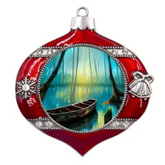 Swamp Bayou Rowboat Sunset Landscape Lake Water Moss Trees Logs Nature Scene Boat Twilight Quiet Metal Snowflake And Bell Red Ornament by Grandong