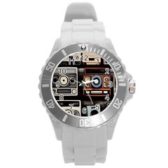 Retro Cameras Old Vintage Antique Technology Wallpaper Retrospective Round Plastic Sport Watch (L)