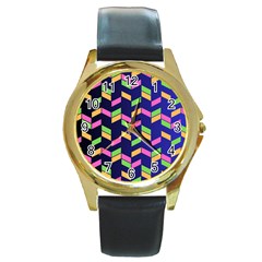 Background Pattern Geometric Pink Yellow Green Round Gold Metal Watch