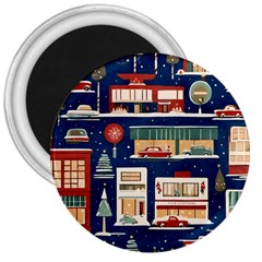 Cars Snow City Landscape Vintage Old Time Retro Pattern 3  Magnets by Maspions