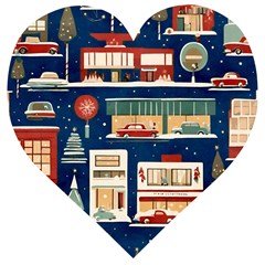 Cars Snow City Landscape Vintage Old Time Retro Pattern Wooden Puzzle Heart by Maspions