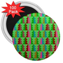 Trees Pattern Retro Pink Red Yellow Holidays Advent Christmas 3  Magnets (100 Pack)