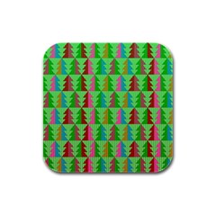Trees Pattern Retro Pink Red Yellow Holidays Advent Christmas Rubber Square Coaster (4 Pack)