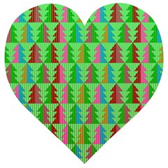 Trees Pattern Retro Pink Red Yellow Holidays Advent Christmas Wooden Puzzle Heart by Maspions