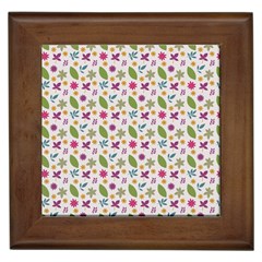 Pattern Flowers Leaves Green Purple Pink Framed Tile