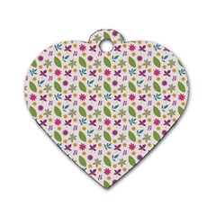 Pattern Flowers Leaves Green Purple Pink Dog Tag Heart (two Sides)