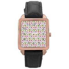 Pattern Flowers Leaves Green Purple Pink Rose Gold Leather Watch 