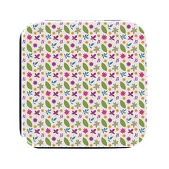 Pattern Flowers Leaves Green Purple Pink Square Metal Box (black)