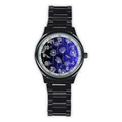 Pattern Floral Leaves Botanical White Flowers Stainless Steel Round Watch