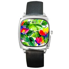 Watercolor Flowers Leaves Foliage Nature Floral Spring Square Metal Watch by Maspions