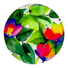 Watercolor Flowers Leaves Foliage Nature Floral Spring Round Glass Fridge Magnet (4 Pack) by Maspions