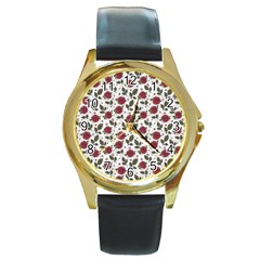 Roses Flowers Leaves Pattern Scrapbook Paper Floral Background Round Gold Metal Watch by Maspions