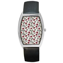 Roses Flowers Leaves Pattern Scrapbook Paper Floral Background Barrel Style Metal Watch by Maspions