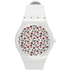 Roses Flowers Leaves Pattern Scrapbook Paper Floral Background Round Plastic Sport Watch (m) by Maspions