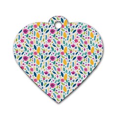 Background Pattern Leaves Pink Flowers Spring Yellow Leaves Dog Tag Heart (two Sides)