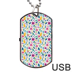 Background Pattern Leaves Pink Flowers Spring Yellow Leaves Dog Tag Usb Flash (two Sides)