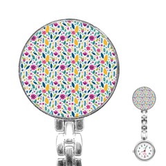 Background Pattern Leaves Pink Flowers Spring Yellow Leaves Stainless Steel Nurses Watch by Maspions