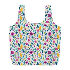 Background Pattern Leaves Pink Flowers Spring Yellow Leaves Full Print Recycle Bag (l) by Maspions