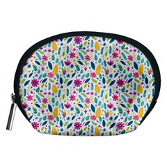 Background Pattern Leaves Pink Flowers Spring Yellow Leaves Accessory Pouch (medium)