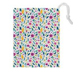 Background Pattern Leaves Pink Flowers Spring Yellow Leaves Drawstring Pouch (4xl) by Maspions