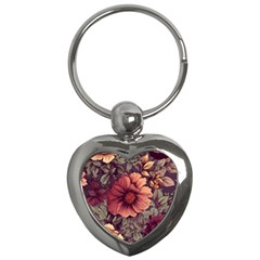 Flowers Pattern Texture Design Nature Art Colorful Surface Vintage Key Chain (heart) by Maspions