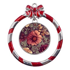 Flowers Pattern Texture Design Nature Art Colorful Surface Vintage Metal Red Ribbon Round Ornament by Maspions