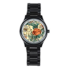 Flowers Pattern Texture Art Colorful Nature Painting Surface Vintage Stainless Steel Round Watch