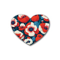 Red Poppies Flowers Art Nature Pattern Rubber Heart Coaster (4 Pack)