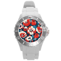 Red Poppies Flowers Art Nature Pattern Round Plastic Sport Watch (l)