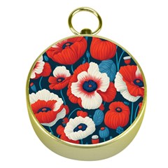 Red Poppies Flowers Art Nature Pattern Gold Compasses