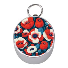 Red Poppies Flowers Art Nature Pattern Mini Silver Compasses by Maspions