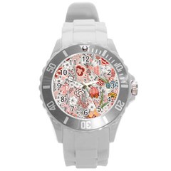 Vintage Floral Flower Art Nature Blooming Blossom Botanical Botany Pattern Round Plastic Sport Watch (l) by Maspions