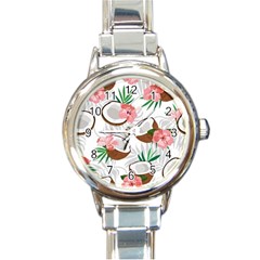 Seamless Pattern Coconut Piece Palm Leaves With Pink Hibiscus Round Italian Charm Watch by Apen