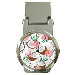 Seamless Pattern Coconut Piece Palm Leaves With Pink Hibiscus Money Clip Watches by Apen