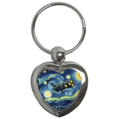 Spaceship Starry Night Van Gogh Painting Key Chain (heart)