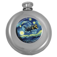 Spaceship Starry Night Van Gogh Painting Round Hip Flask (5 Oz)