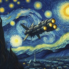 Spaceship Starry Night Van Gogh Painting Play Mat (square)