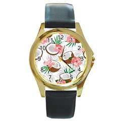 Seamless Pattern Coconut Piece Palm Leaves With Pink Hibiscus Round Gold Metal Watch by Apen