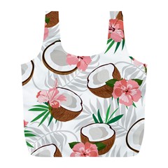 Seamless Pattern Coconut Piece Palm Leaves With Pink Hibiscus Full Print Recycle Bag (l) by Apen