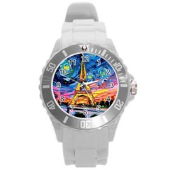 Eiffel Tower Starry Night Print Van Gogh Round Plastic Sport Watch (l)