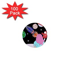 Girl Bed Space Planets Spaceship Rocket Astronaut Galaxy Universe Cosmos Woman Dream Imagination Bed 1  Mini Magnets (100 Pack) 